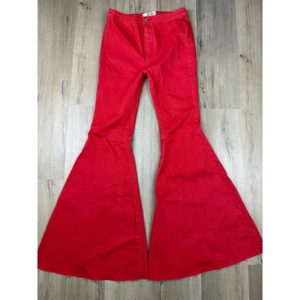 Free People We The Free Float On Flare Jeans Sultry Red High Rise Bell Bottom 28